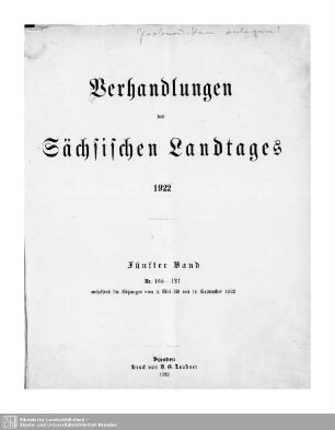 1. Wahlper. 5.1920/22: Verhandlungen des Sächsischen Landtages