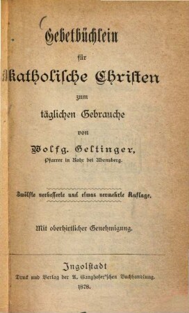 Gebetbüchlein für katholische Christen zum täglichen Gebrauche