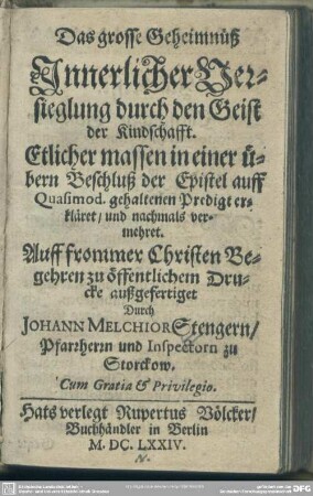 Das große Geheimniss innerlicher Versieglung durch den Geist der Kindschaft