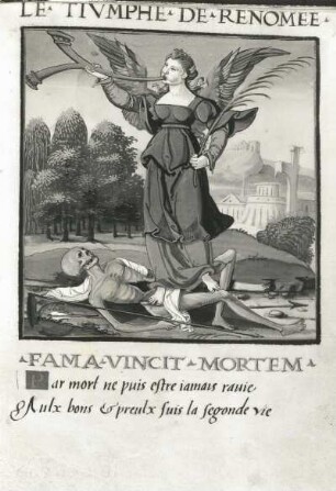 Triumph des Ruhmes : Triumph des Ruhmes. Miniaturen zu Dichtungen Petrarcas, f.7r. Buchmalerei, 11,5 x 11,1 cm. Französisch, 16. Jahrhundert. Berlin, Staatsbibliothek zu Berlin - Preußischer Kulturbesitz Ms.Phill.1926