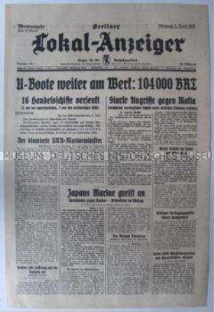 Tageszeitung "Berliner Lokal-Anzeiger" u.a. über den britisch-deutschen U-Boot-Krieg und den Luftkrieg über Nordafrika