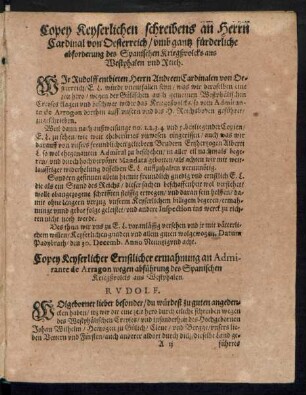 Copey Keyserlichen schreibens an Herrn Cardinal von Oesterreich ...