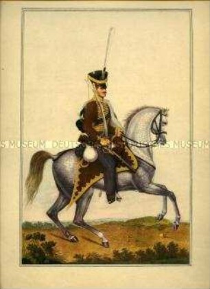 Uniformdarstellung, Husar des 1. Schlesischen Husaren-Regiments Nr. 4, Preußen, 1812/1814. Tafel aus: Jügel/Wolf: Abbildungen der Königlich Preußischen Uniformen.