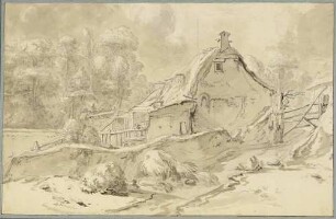 Bauernhaus und Hütten bei einem Gehölz