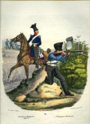 Uniformdarstellung, Offizier des 4. Ulanen-Regiments zu Pferd, Dragoner des 3. Dragoner-Regiments mit Flinte beim Schuss, Preußen 1830. Aus: Elzholz u.a.: Das Preussische Heer. Tafel 28.