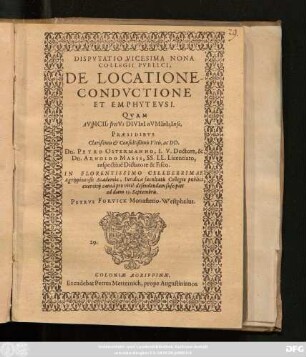 Disputatio Vicesima Nona Collegii Publici, De Locatione-Conductione Et Emphyteusi