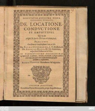 Disputatio Vicesima Nona Collegii Publici, De Locatione-Conductione Et Emphyteusi