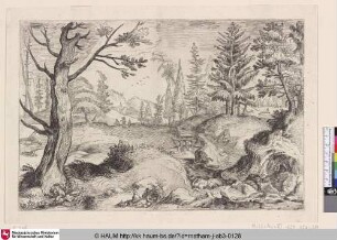 [Landschaft mit Eremit; Hilly landscape with little figures and an hermit]