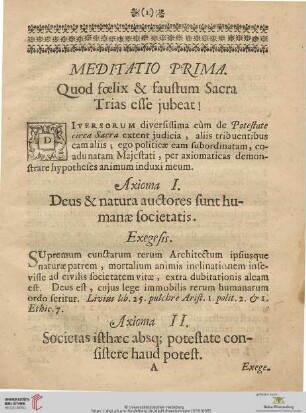 Meditatio prima: Quod fœlix & faustum Sacra Trias esse jubeat !