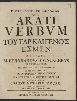 2: Dissertatio Philologica Qva Arati Verbvm Tu Gar Kai Genos Esmen