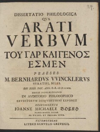 2: Dissertatio Philologica Qva Arati Verbvm Tu Gar Kai Genos Esmen