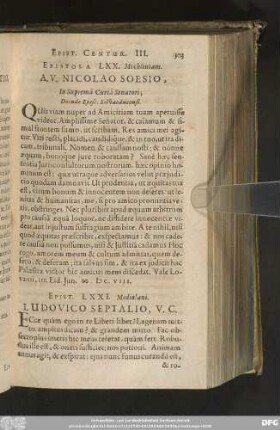 Epistola LXX. Mechliniam. A. V. Nicolao Soesio, In Supremâ Curiâ Senatori; Deinde Episc. Silvaeducensi.