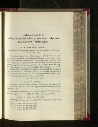 Verbrennungswärme einiger durch Lichtwirkung gebildeter polymerer und isomerer Verbindungen