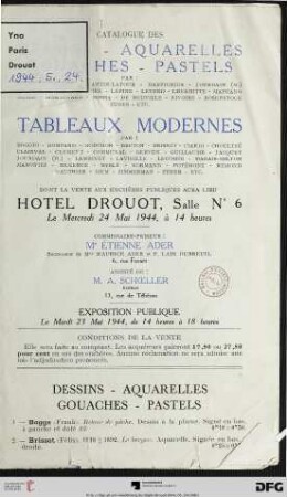 Catalogue des dessins, aquarelles, gouaches, pastels ... tableaux modernes ... : dont la vente aux enchères publiques aura lieu Hôtel Drouot, le mercredi 24 Mai 1944