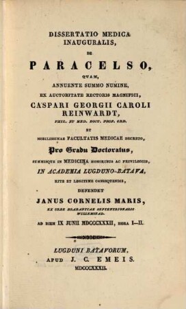 Dissertatio medica inauguralis, de Paracelso