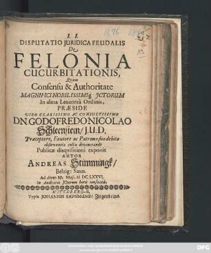 Disputatio Iuridica Feudalis De Felonia Cucurbitationis