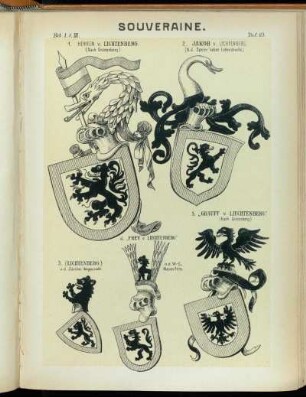 Taf. 85. 1. Herren v. Lichtenberg. (Nach Grünenberg.) 2. Jacob v. Lichtenberg. (N.d. Speier'schen Lehnsbuche.) - 3. (Lichtenberg.) a.d. Züricher Wappenrolle. - 4. "Frey v. Liechtenberg" n.d. W.-B. Mayerfels. - 5. "Grauff v. Liechtenberg." (Nach Grünenberg.)