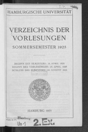 SS 1925: Verzeichnis der Vorlesungen // Hamburgische Universität