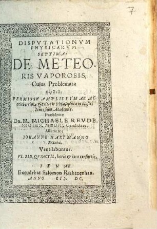 Disputationum physicarum septima: de meteoris vaporosis