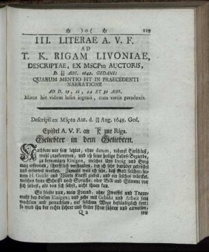 III. Literae A.V.F. Ad T.K. Rigam Livoniae, ... - V. A.V.F. Literae Commendatiae G. L. Seidenbacheri.