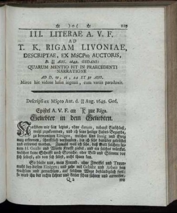 III. Literae A.V.F. Ad T.K. Rigam Livoniae, ... - V. A.V.F. Literae Commendatiae G. L. Seidenbacheri.