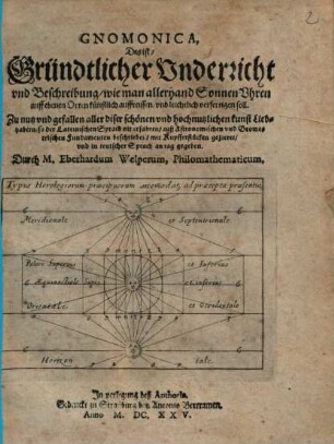 Gnomonica, das ist gründtlicher Underricht und Beschreibung, wie man allerhand Sonnen-Uhren auff ebenen Orten künstlich auffreissen und leichtlich verfertigen soll