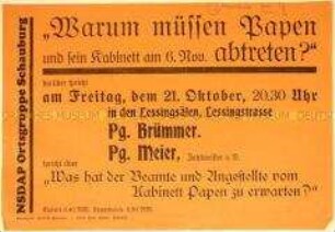 Einladung der NSDAP Schauburg zur Versammlung mit Reden zu Gründen pro ein Abreten des Papen-Kabinetts sowie zu Erwartungen der Beamten und Angestellten an die Papen-Regierung