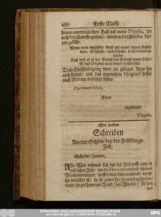 Ein ander Schreiben An eine Schöne bey der Frühlings-Zeit.