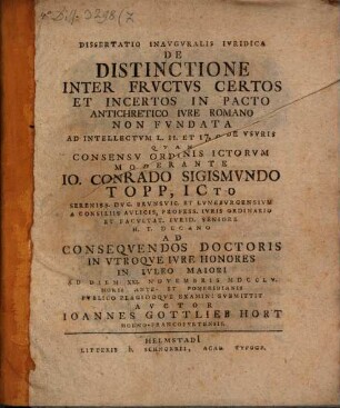 Diss. inaug. iur. de distinctione inter fructus certos et incertos in pacto antichretico iure Romano non fundata