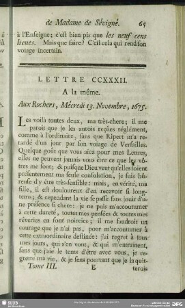 Lettre CCXXXII. A la même. Aux Rochers, Mécredi 13. Novembre, 1675