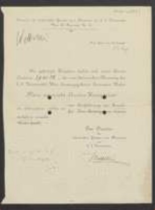 Brief von Richard Wettstein an Regensburgische Botanische Gesellschaft