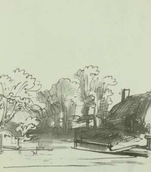 Landschaft mit Haus unter Bäumen und Schifflände am Kanal
