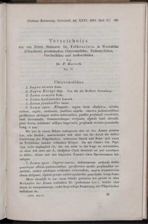 Verzeichniss der von Herrn Stabsarzt Dr. Falken st ein in Westafrika (Chinchoxo) gesammelten Chrysomeliden, Endomychiden, Coccinelliden und Anthotribiden.