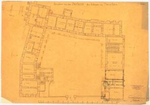 Schloss Tworkau Umbau: Erdgeschoss-Grundriss mit Kennzeichnung der Um- und Ausbauten, Detail-Schnitt, Maßstabsleiste