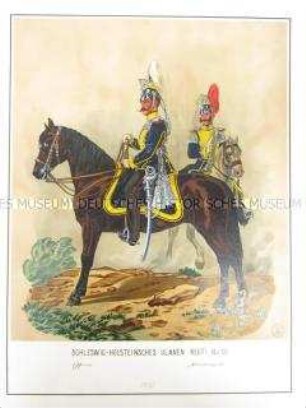 Uniformdarstellung, Offizier und Stabstrompeter des Schleswig-Holsteinischen Ulanen-Regiments No. 15 zu Pferd, Preußen, 1866. Tafel 103 aus: Schindler: Suplement zum Militair-Album.