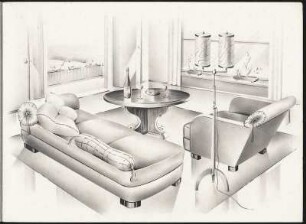 Sitzecke. Ottomane mit losen Kissen, Sessel, runder Tisch, Stehlampe, Deko