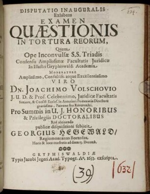 Disputatio Inauguralis Exhibens Examen Quaestionis In Tortura Reorum