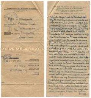 Brief von Harald von Koenigswald aus dem Kriegsgefangenenlager in Metz-Obreck an seine Ehefrau in Potsdam - Familienkonvolut