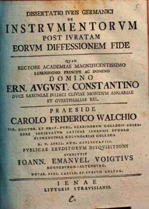 Dissertatio Ivris Germanici De Instrvmentorvm Post Ivratam Eorvm Diffessionem Fide