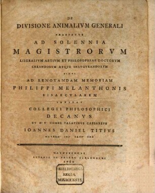 De Divisione Animalium Generali Praefatus Ad Solennia Magistrorum Liberalium Artium Et Philosophiae Doctorum Creandorum Atque Inaugurandorum
