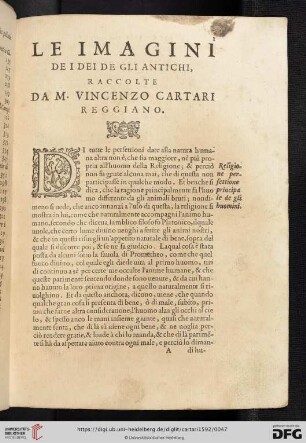 Le imagini de i dei de gli antichi, raccolte sa M. Vincenzo Cartari Reggiano
