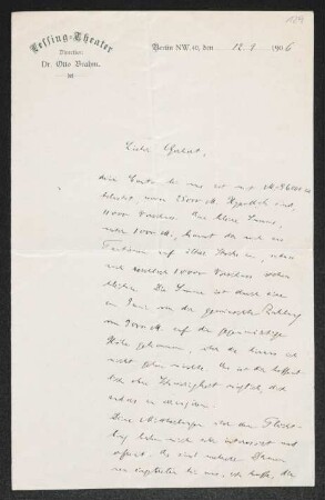 Brief von Otto Brahm von Lessing-Theater  an Gerhart Hauptmann