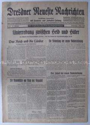 Titelblatt der "Dresdner Neueste Nachrichten" u.a. über die Notverordnungen nach dem Reichstagsbrand