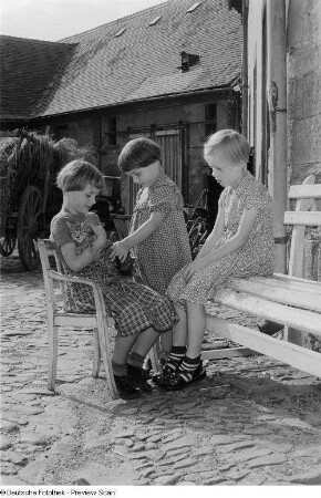Porträt von Kindern auf einem Bauernhof beim Spielen mit einer Katze