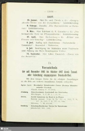 D. Verzeichnis der seit November 1903 bis Oktober 1907 durch Tausch oder Schenkung eingegangenen Druckschriften