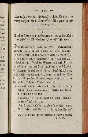 Versuche, die im Röbelschen Distrikt mit dem Auspflanzen von Kartoffel-Ablegern angestellt worden