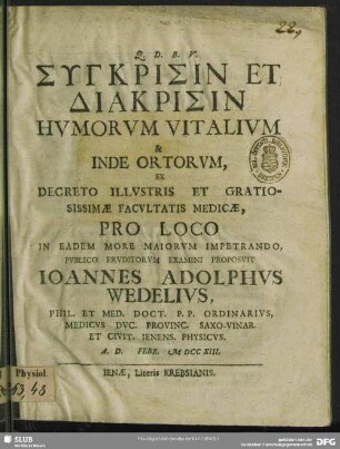 Synkrisin Et Diakrisin Humorum Vitalium & Inde Ortorum