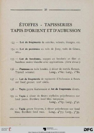 Étoffes – Tapisseries – Tapis d’Orient et d’Aubusson (Nr. 153-163)