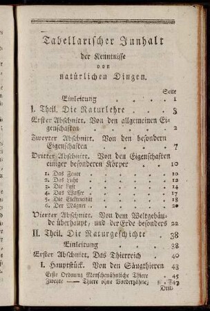 Tabellarischer Innhalt der Kenntnisse von natürlichen Dingen