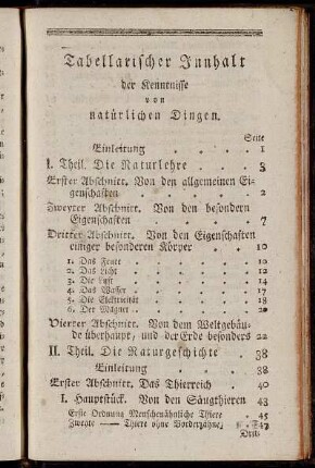 Tabellarischer Innhalt der Kenntnisse von natürlichen Dingen